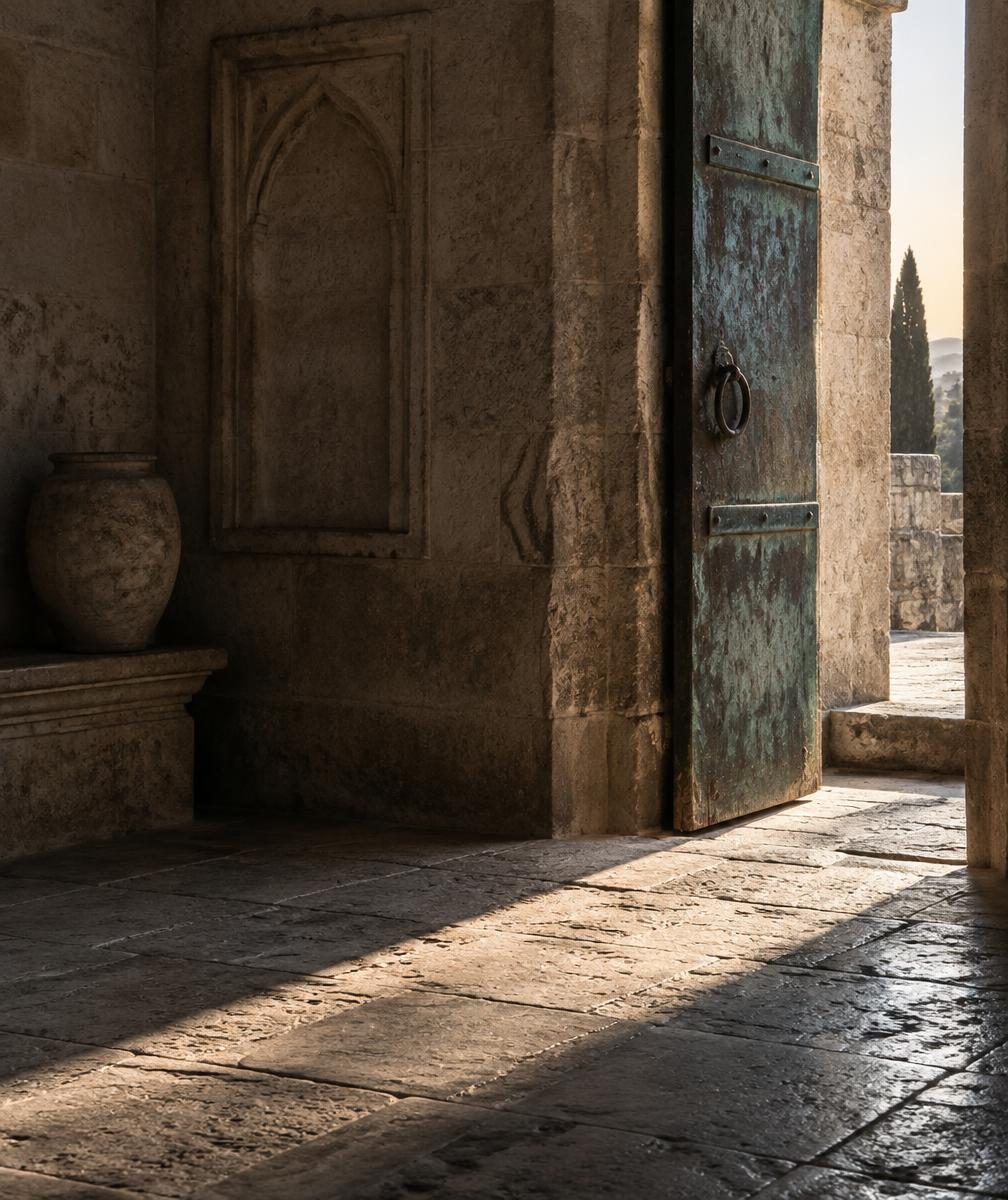 Stone interior with raking light falling through an open weathered door